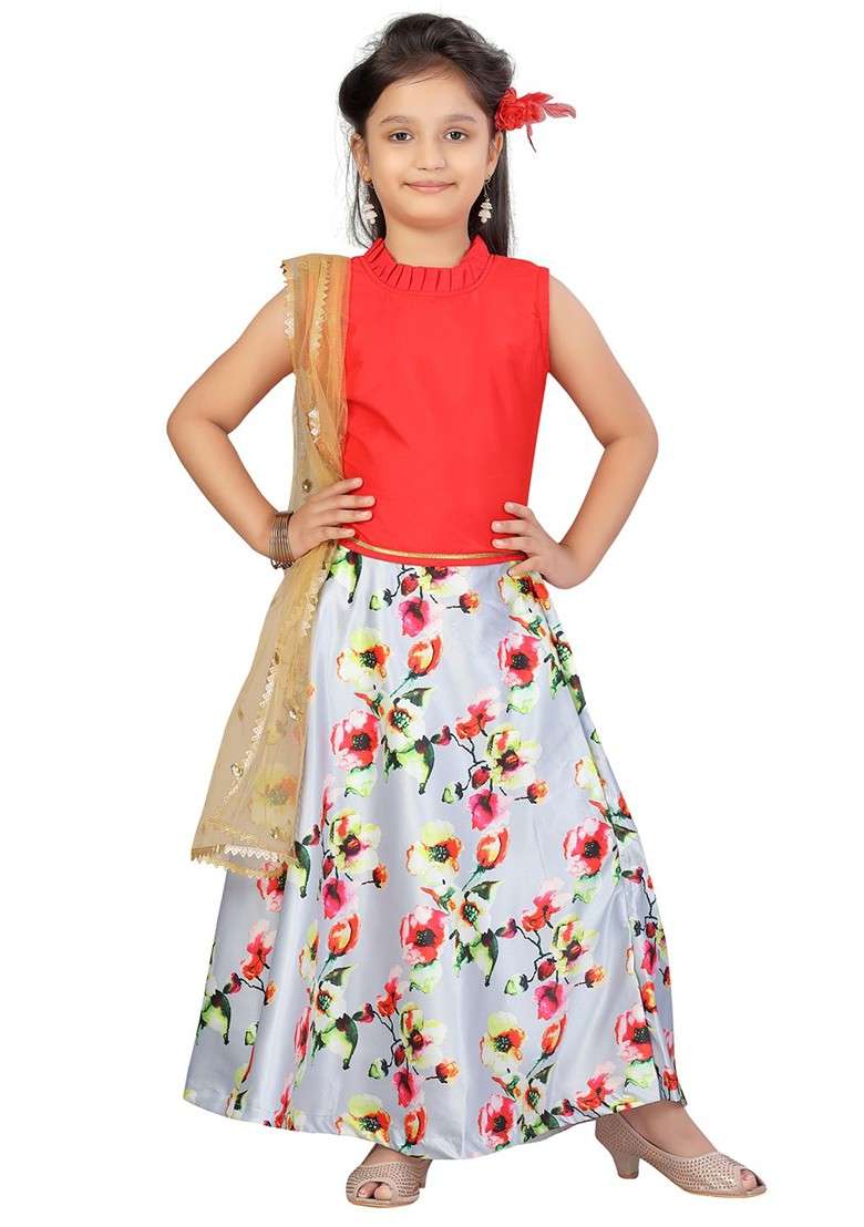 Grey Embroidered Blended Lehenga Choli For Girls - Indya