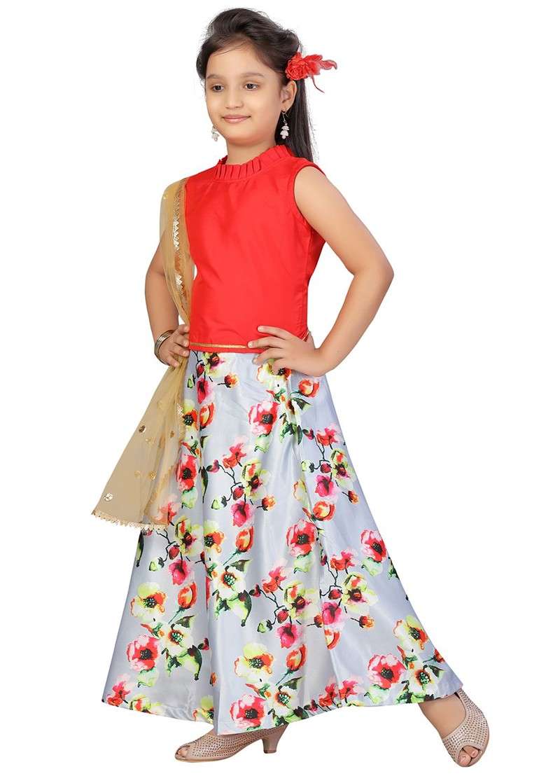 Grey Embroidered Blended Lehenga Choli For Girls - Indya