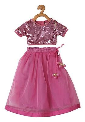 Pink Embroidered Blended Lehenga Choli For Girls