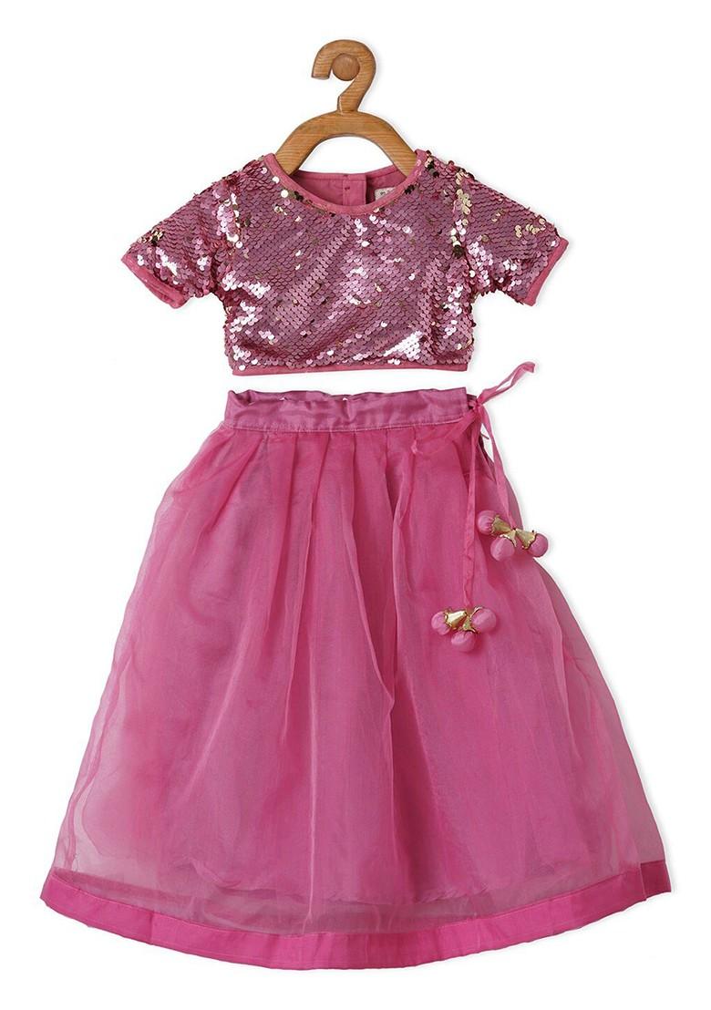 Pink Embroidered Blended Lehenga Choli For Girls - Indya