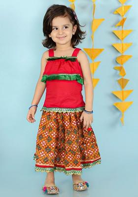 Red Embroidered Blended Lehenga Choli For Girls