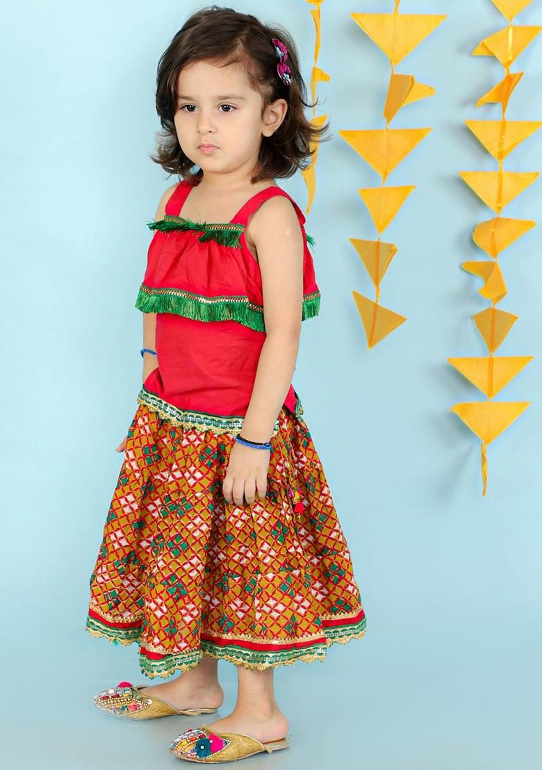 Red Embroidered Blended Lehenga Choli For Girls - Indya