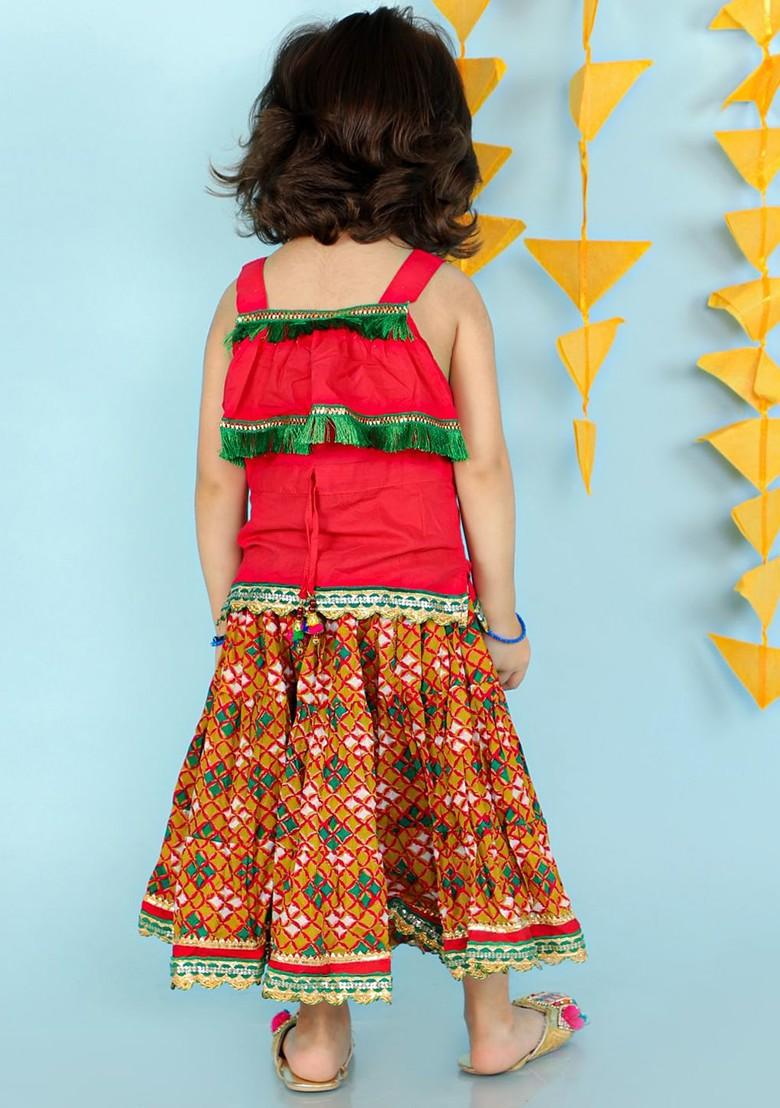 Red Embroidered Blended Lehenga Choli For Girls - Indya