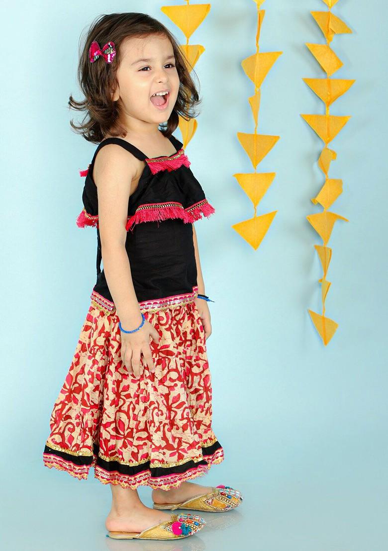 Black Embroidered Cotton Blend Lehenga Choli For Girls - Indya