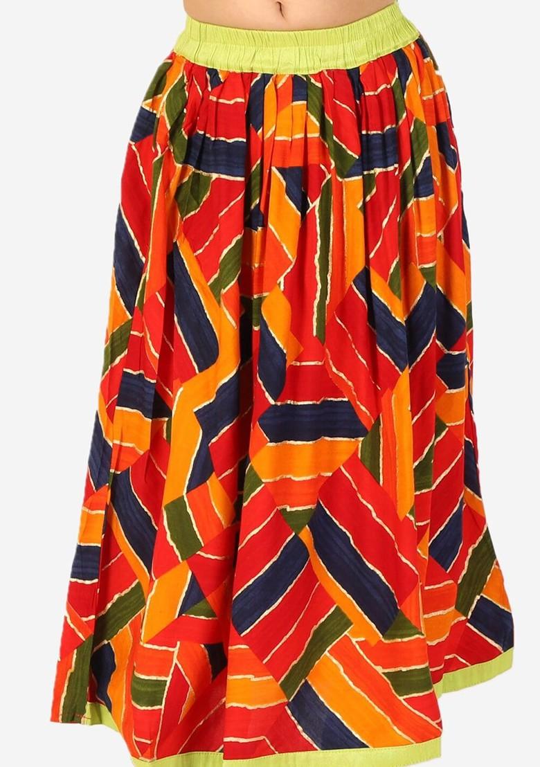 Green Printed Blended Lehenga Choli For Girls - Indya