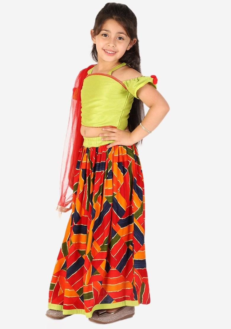 Green Printed Blended Lehenga Choli For Girls - Indya