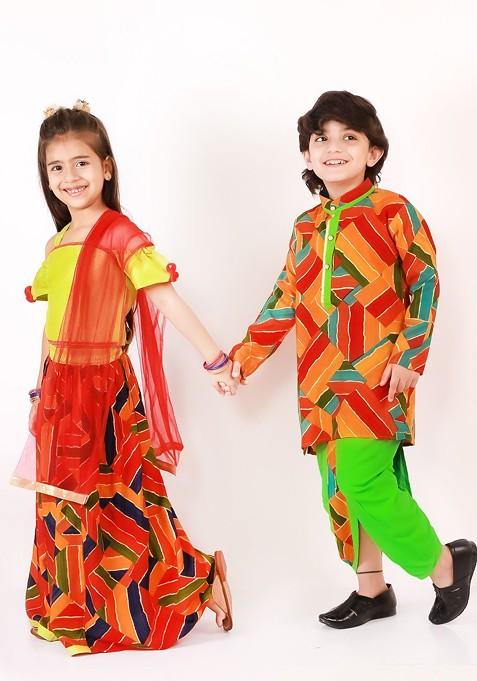 Green Printed Blended Lehenga Choli For Girls — view on Indya