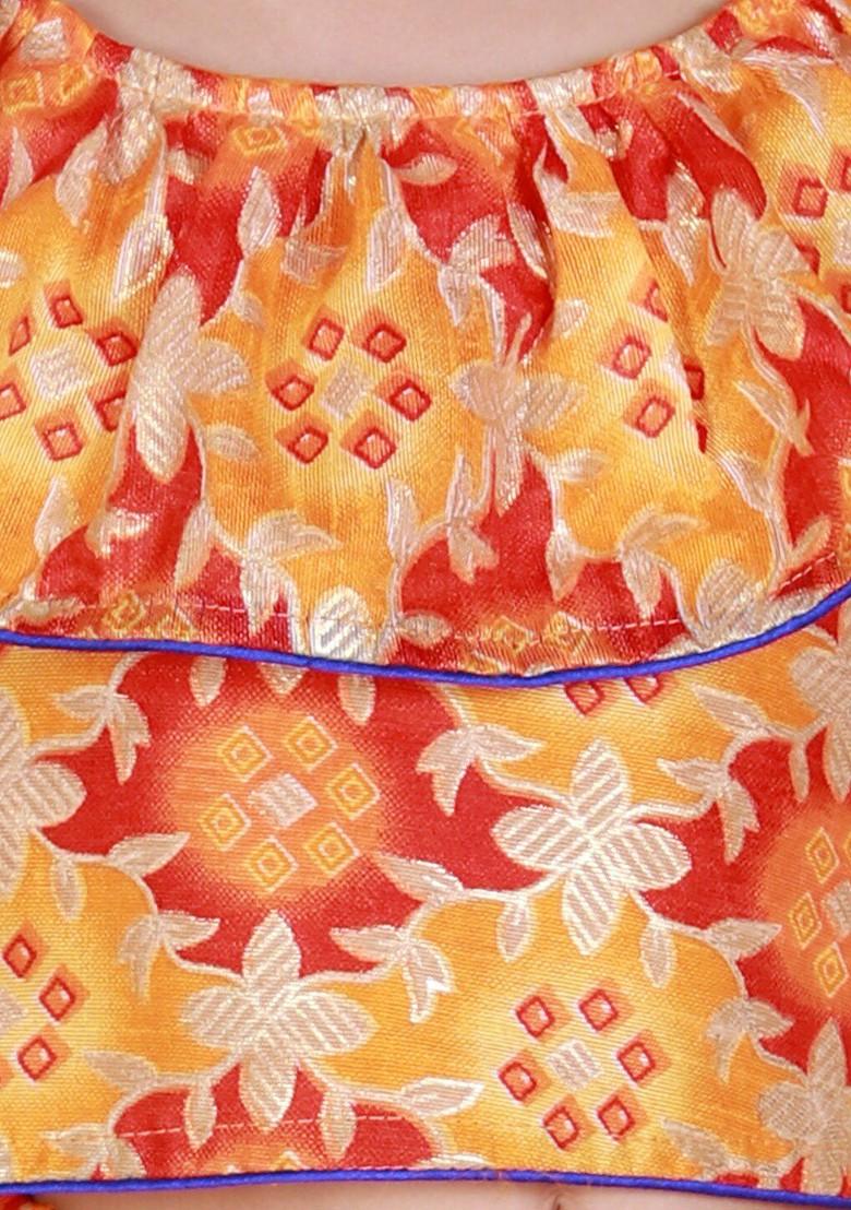 Yellow Printed Silk Lehenga Choli For Girls - Indya