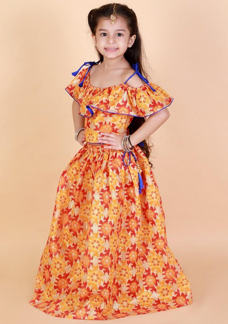 Yellow Printed Silk Lehenga Choli For Girls - Indya