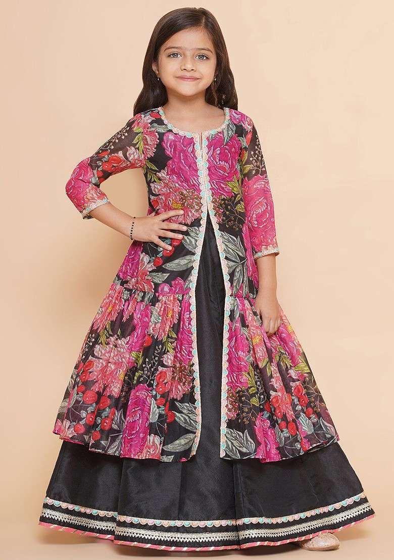 Black Printed Blended Lehenga Choli For Girls - Indya