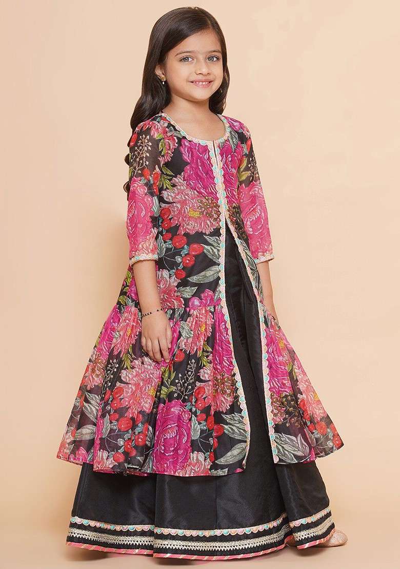 Black Printed Blended Lehenga Choli For Girls - Indya