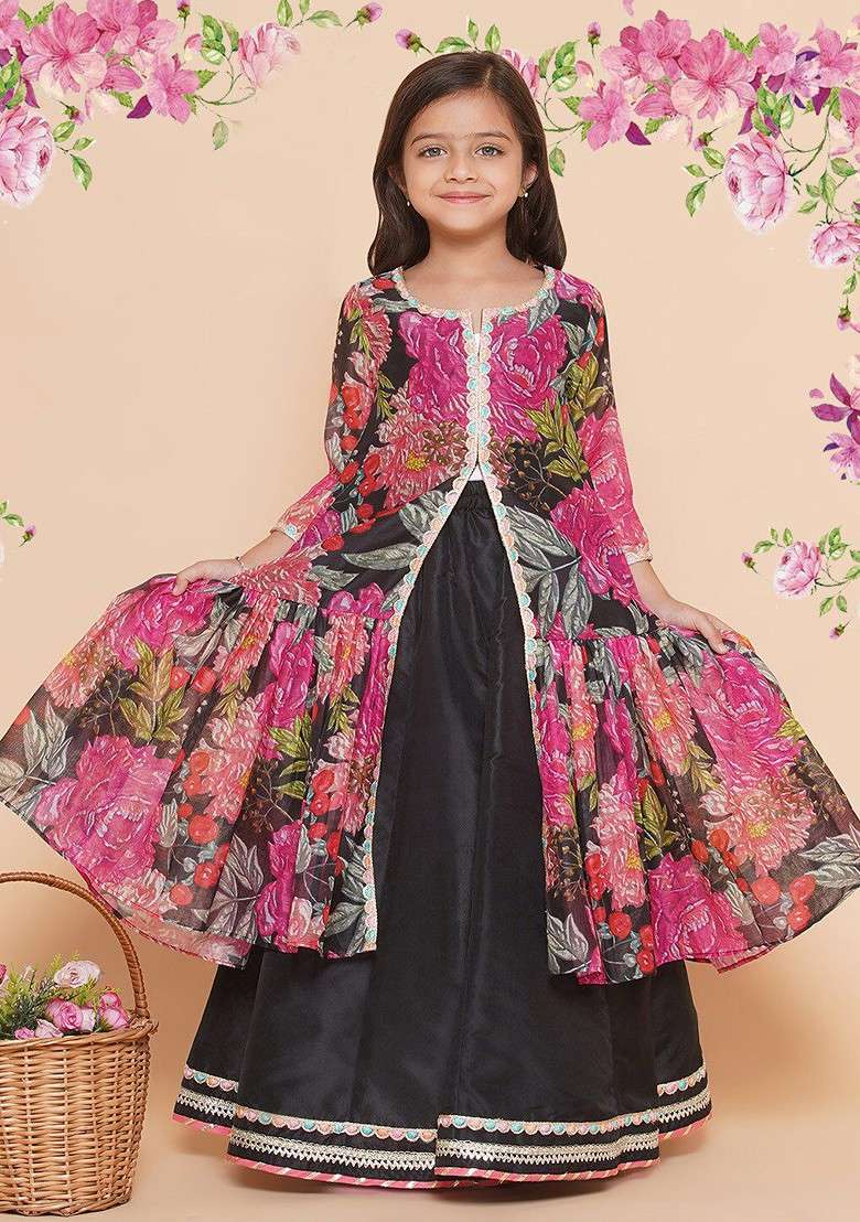 Black Printed Blended Lehenga Choli For Girls - Indya
