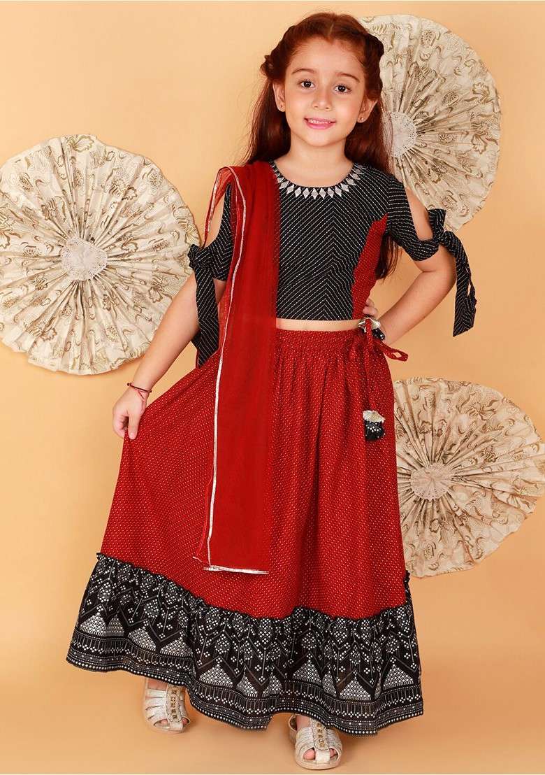 Red Printed Cotton Blend Lehenga Choli For Girls - Indya