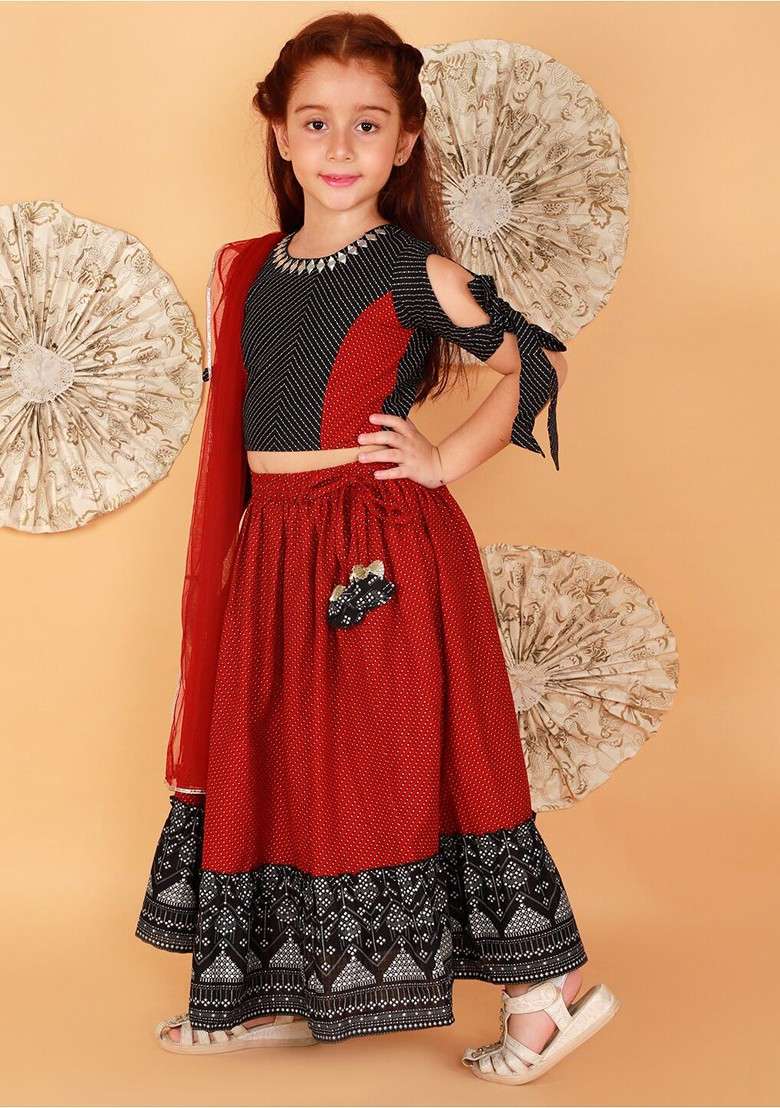 Red Printed Cotton Blend Lehenga Choli For Girls - Indya