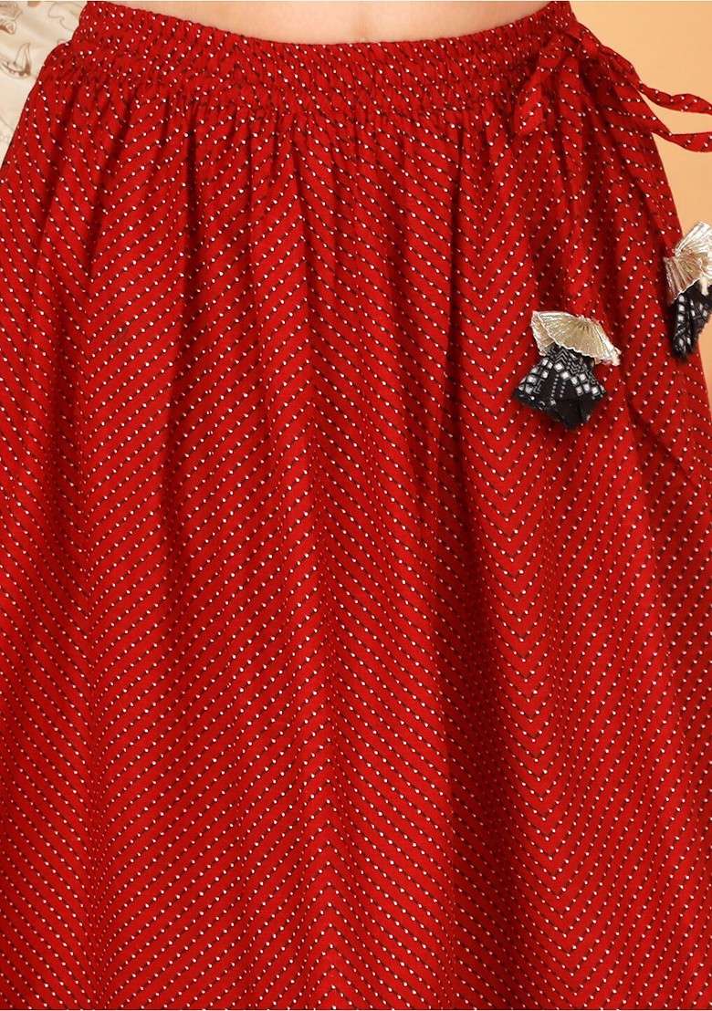 Red Printed Cotton Blend Lehenga Choli For Girls - Indya