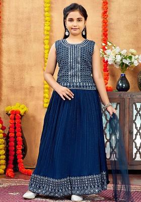 Turquoise Blue Embroidered Georgette Lehenga Choli For Girls