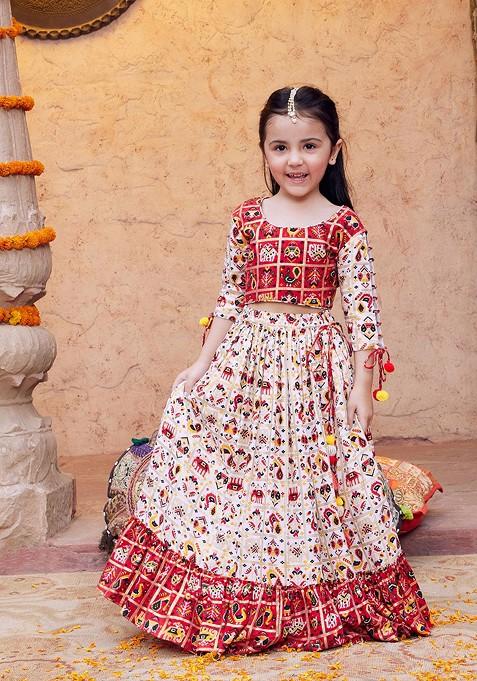 Red Printed Blended Lehenga Choli For Girls