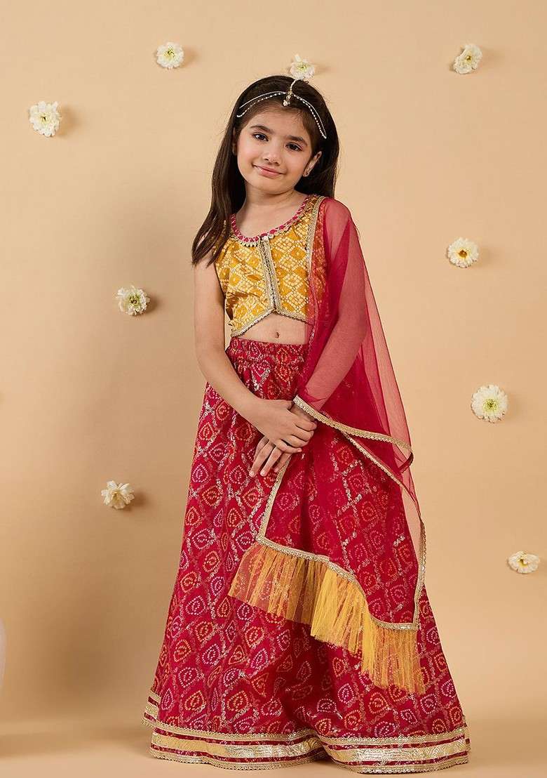 Red Printed Blended Lehenga Choli For Girls - Indya