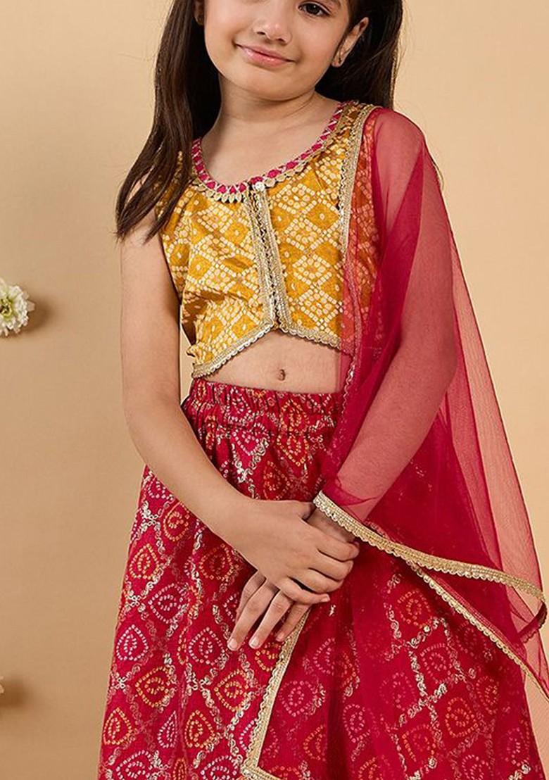 Red Printed Blended Lehenga Choli For Girls - Indya