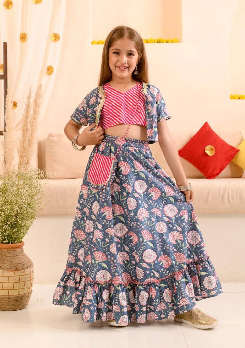 Navy Blue Printed Blended Lehenga Choli For Girls - Indya