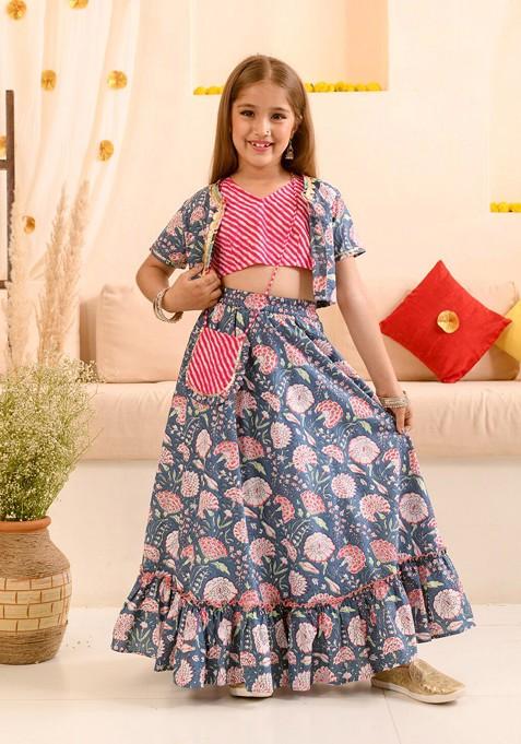 Navy Blue Printed Blended Lehenga Choli For Girls