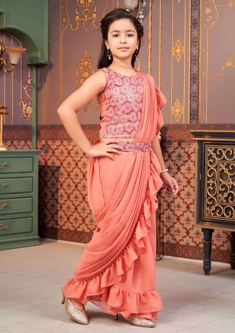 Peach Embroidered Blended Lehenga Choli For Girls - Indya