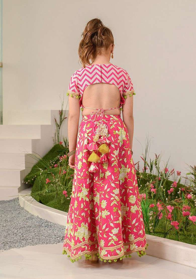 Magenta Printed Blended Lehenga Choli For Girls - Indya
