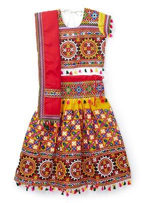 Yellow Embroidered Cotton Blend Lehenga Choli For Girls