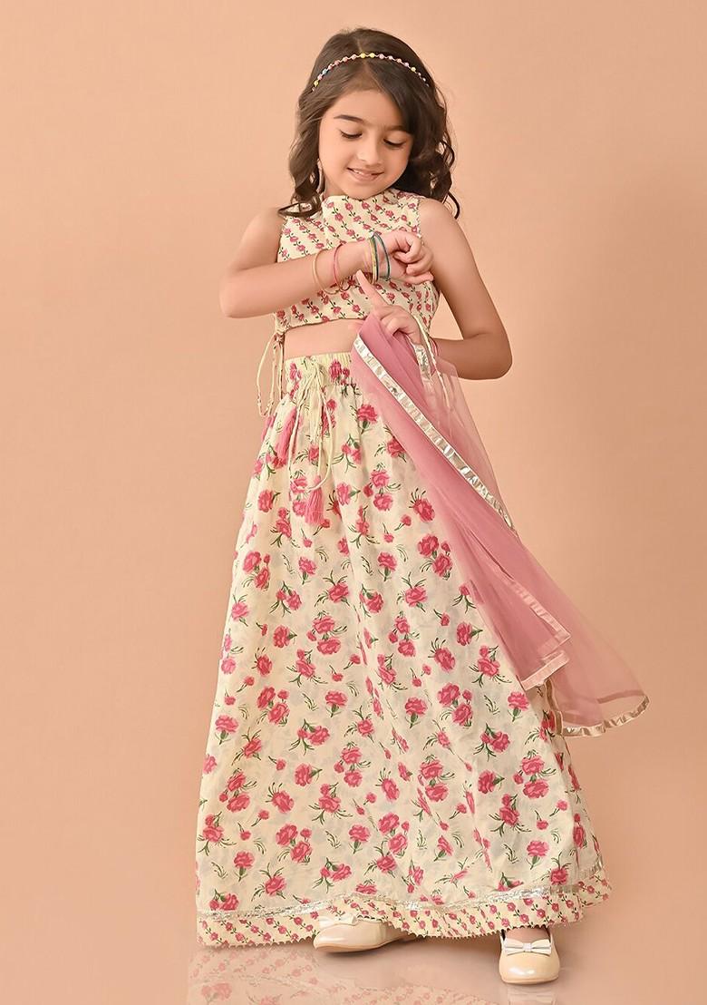 Cream Printed Cotton Blend Lehenga Choli For Girls - Indya