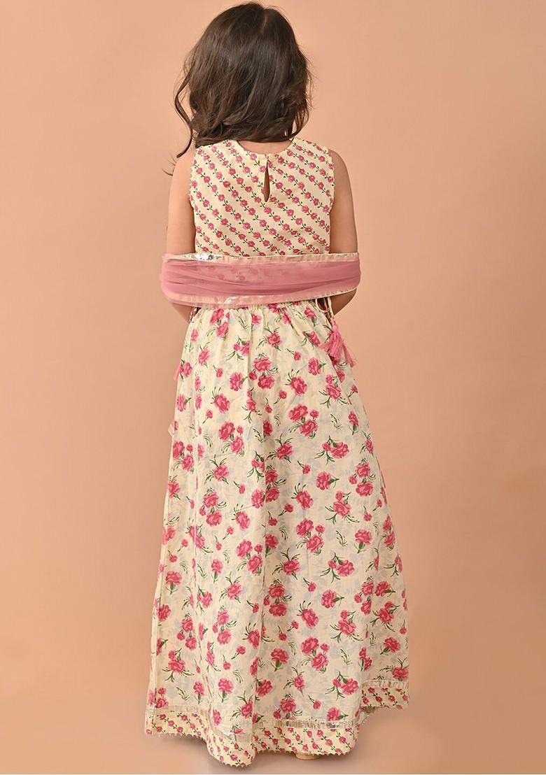 Cream Printed Cotton Blend Lehenga Choli For Girls - Indya