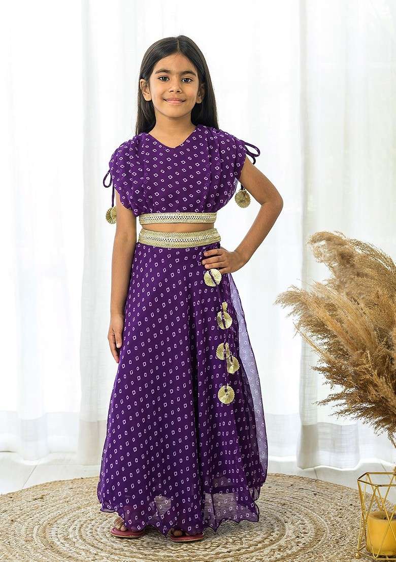 Purple Printed Blended Lehenga Choli For Girls - Indya