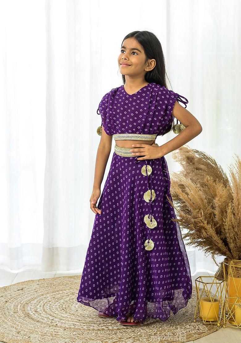 Purple Printed Blended Lehenga Choli For Girls - Indya