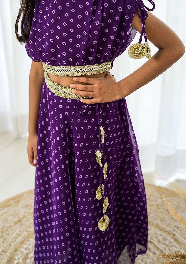 Purple Printed Blended Lehenga Choli For Girls - Indya