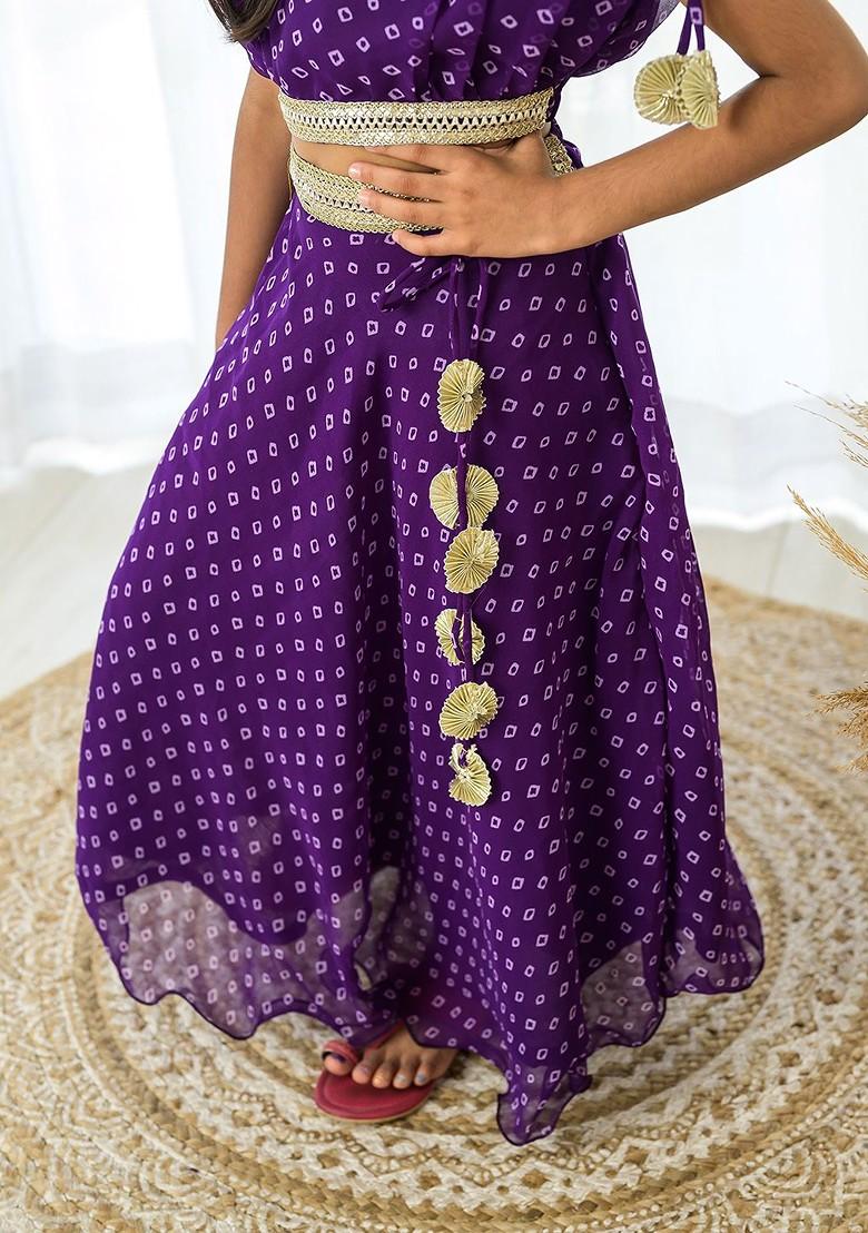 Purple Printed Blended Lehenga Choli For Girls - Indya