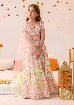 Off White Printed Blended Lehenga Choli For Girls