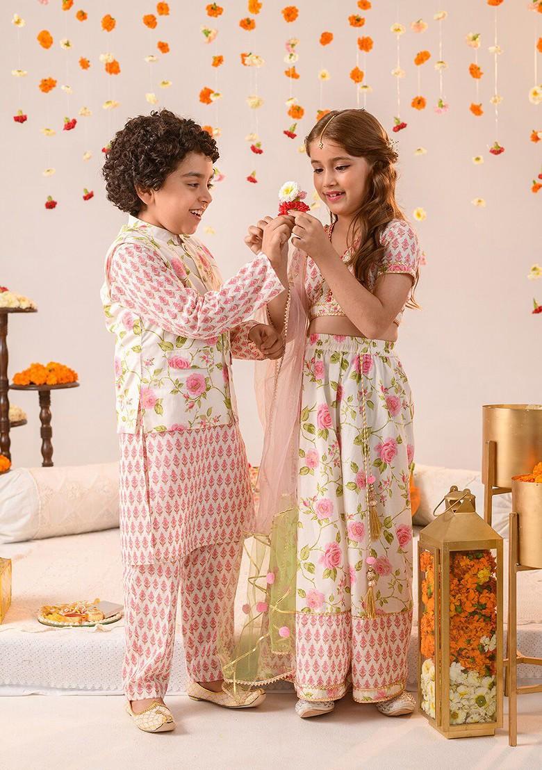 Off White Printed Blended Lehenga Choli For Girls - Indya