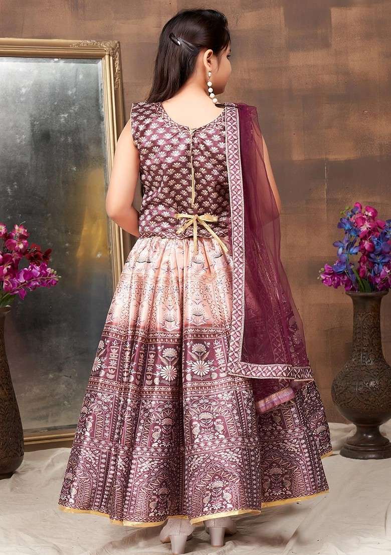 Brown Embroidered Silk Lehenga Choli For Girls - Indya