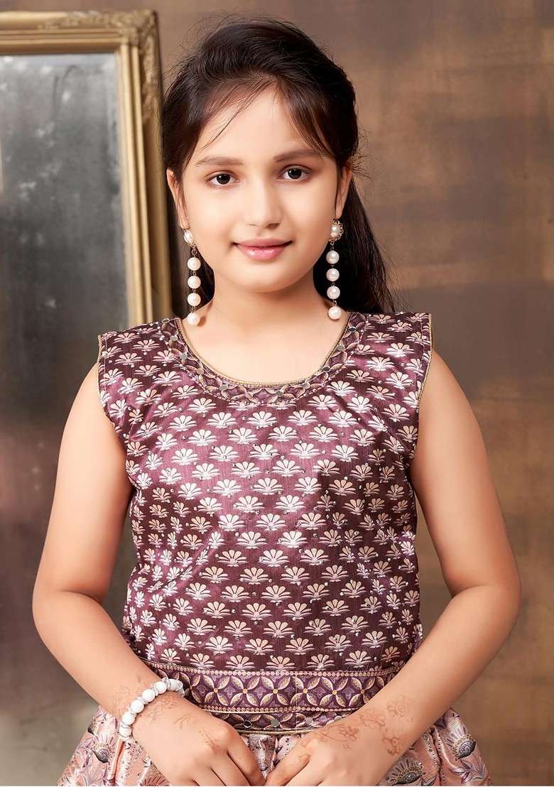Brown Embroidered Silk Lehenga Choli For Girls - Indya