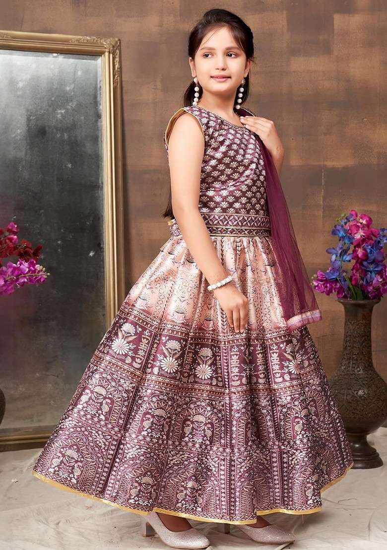 Brown Embroidered Silk Lehenga Choli For Girls - Indya