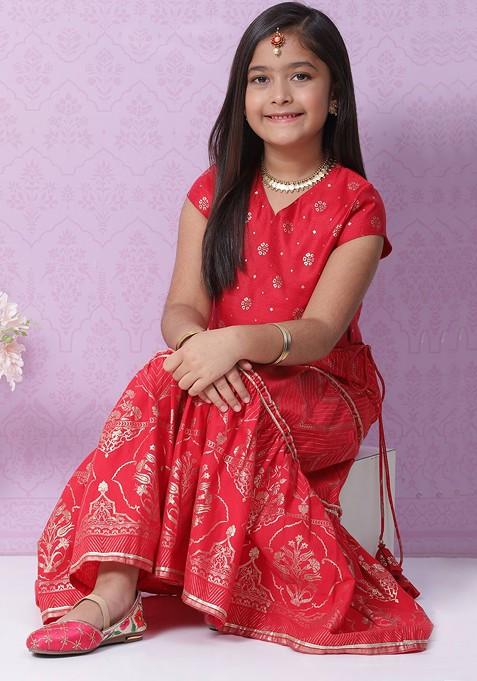 Red Printed Blended Lehenga Choli For Girls
