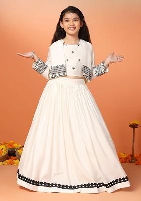 White Embroidered Blended Lehenga Choli For Girls
