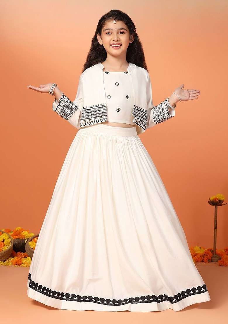 White Embroidered Blended Lehenga Choli For Girls - Indya