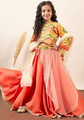 Orange Printed Blended Lehenga Choli For Girls