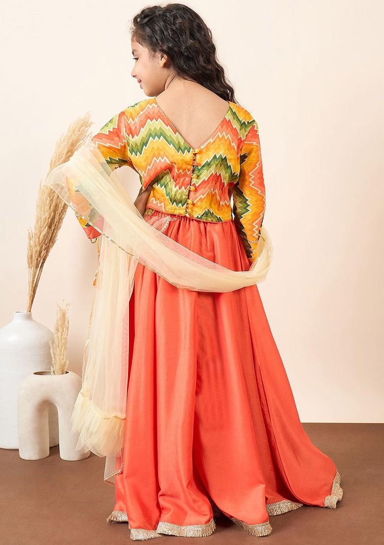 Orange Printed Blended Lehenga Choli For Girls - Indya