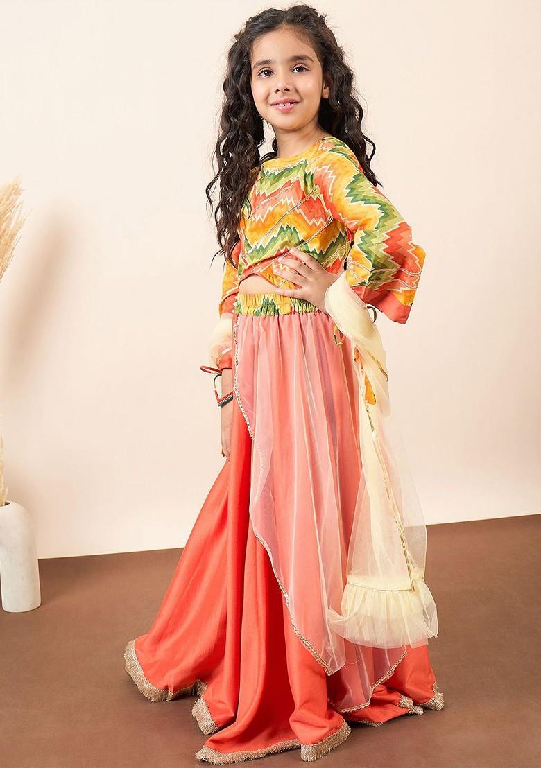 Orange Printed Blended Lehenga Choli For Girls - Indya