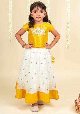 Cream Embroidered Blended Lehenga Choli For Girls