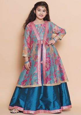 Blue Printed Blended Lehenga Choli For Girls