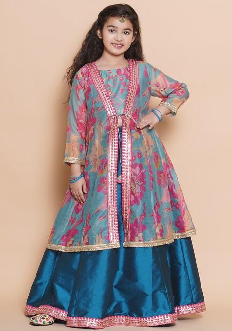 Blue Printed Blended Lehenga Choli For Girls — view on Indya