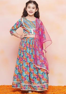 Pink Printed Cotton Blend Lehenga Choli For Girls