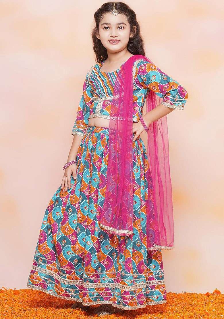 Pink Printed Cotton Blend Lehenga Choli For Girls - Indya